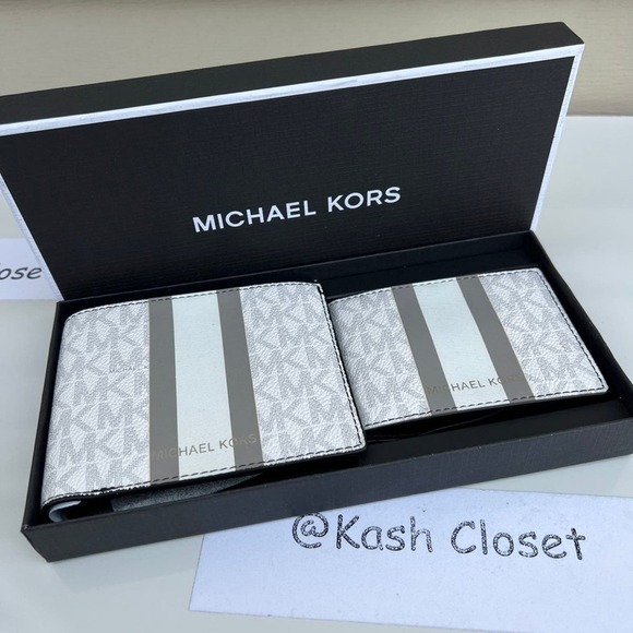 Michael kors Wallet Men Card Case 3 in 1 Gift box set Bright White Grey - Picture 1 of 6